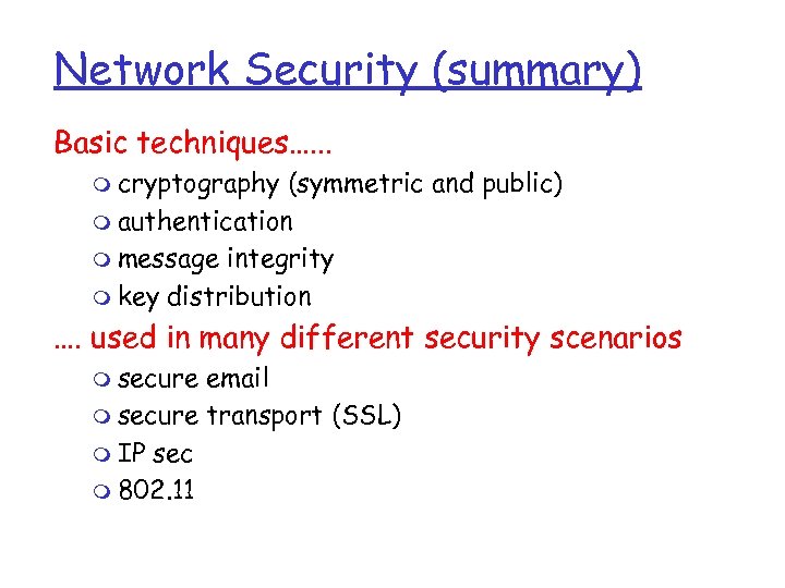 Network Security (summary) Basic techniques…. . . m cryptography (symmetric and public) m authentication