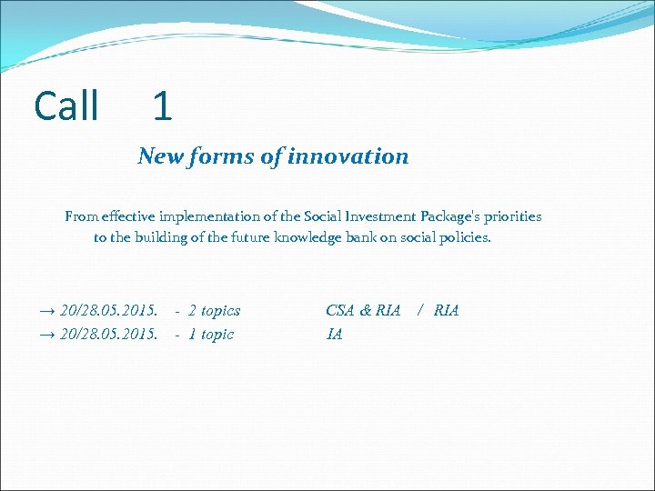 Call 1 New forms of innovation From effective implementation of the Social Investment Package's