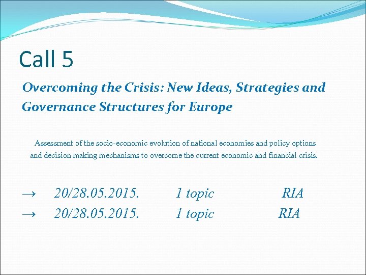 Call 5 Overcoming the Crisis: New Ideas, Strategies and Governance Structures for Europe Assessment