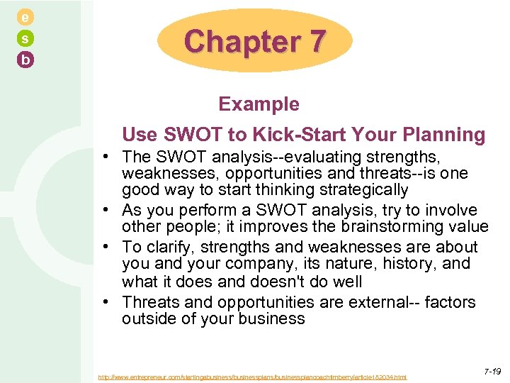 e s b Chapter 7 Example Use SWOT to Kick-Start Your Planning • The