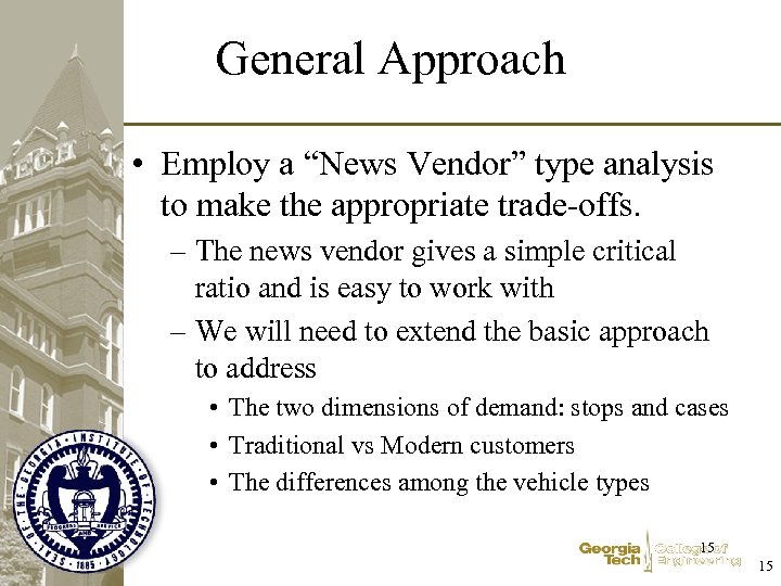 General Approach • Employ a “News Vendor” type analysis to make the appropriate trade-offs.
