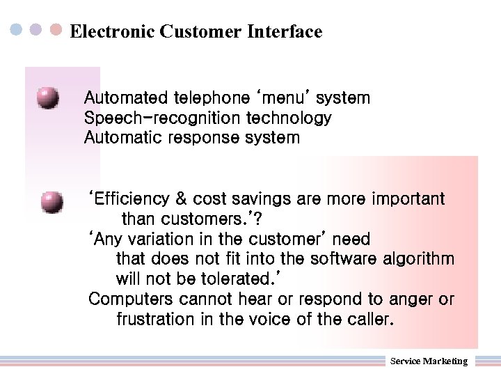 Electronic Customer Interface Automated telephone ‘menu’ system Speech-recognition technology Automatic response system ‘Efficiency &