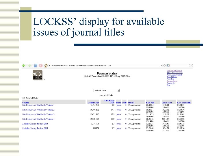 LOCKSS’ display for available issues of journal titles 