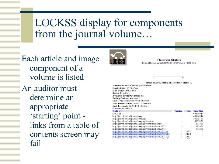 LOCKSS display for components from the journal volume… Each article and image component of