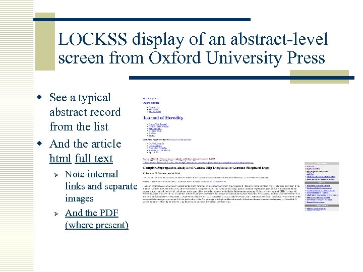 LOCKSS display of an abstract-level screen from Oxford University Press w See a typical