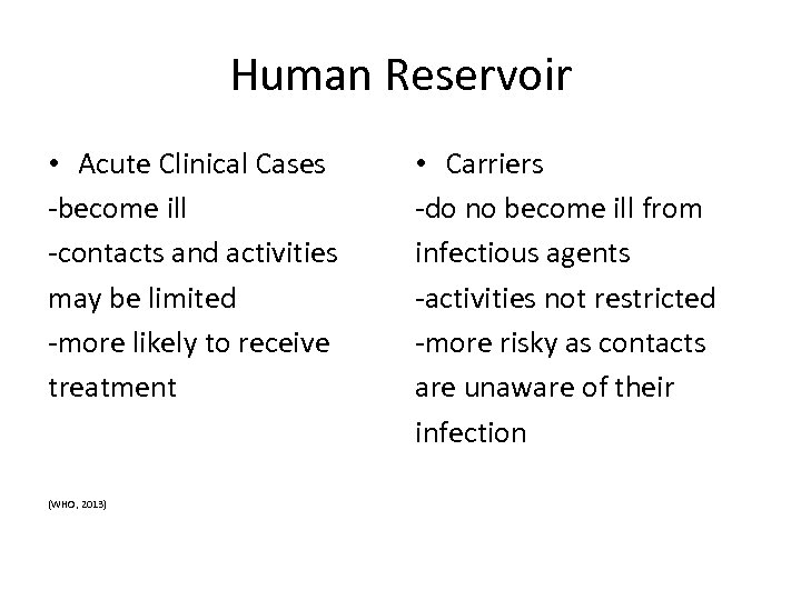 Human Reservoir • Acute Clinical Cases -become ill -contacts and activities may be limited