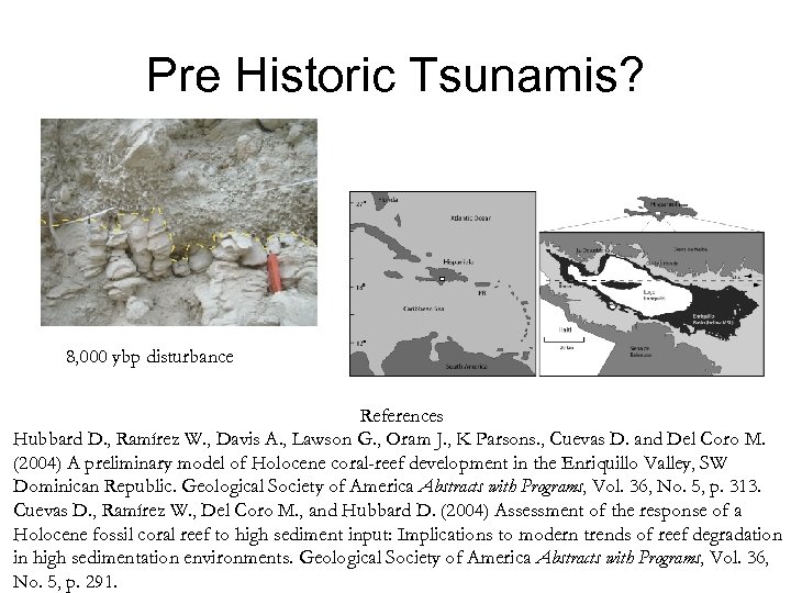Pre Historic Tsunamis? 8, 000 ybp disturbance References Hubbard D. , Ramírez W. ,