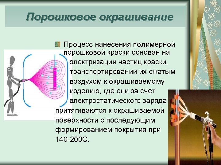  Порошковое окрашивание Процесс нанесения полимерной порошковой краски основан на электризации частиц краски, транспортировании