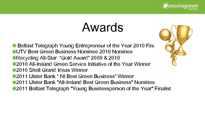 Awards Belfast Telegraph Young Entrepreneur of the Year 2010 Finalist UTV Best Green Business