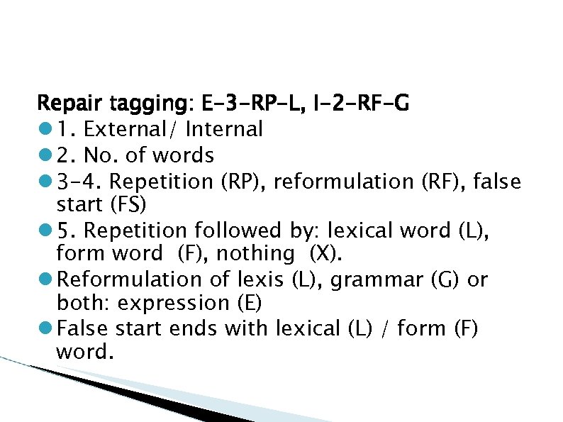 Repair tagging: E-3 -RP-L, I-2 -RF-G 1. External/ Internal 2. No. of words 3