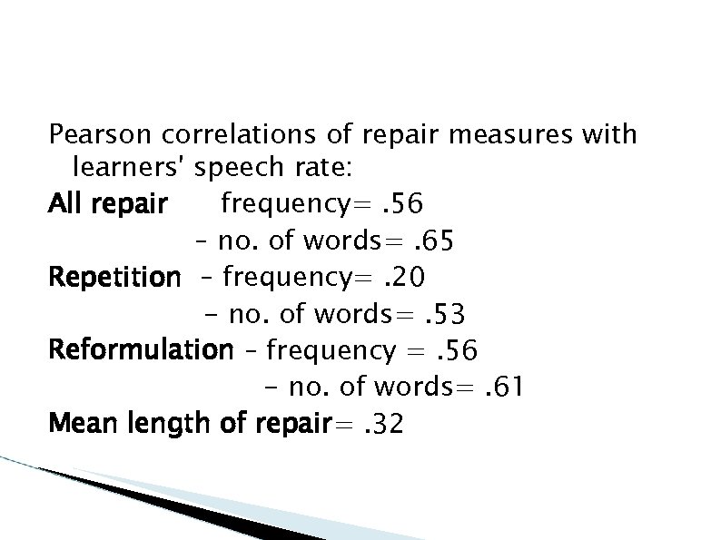 Pearson correlations of repair measures with learners' speech rate: All repair frequency=. 56 –