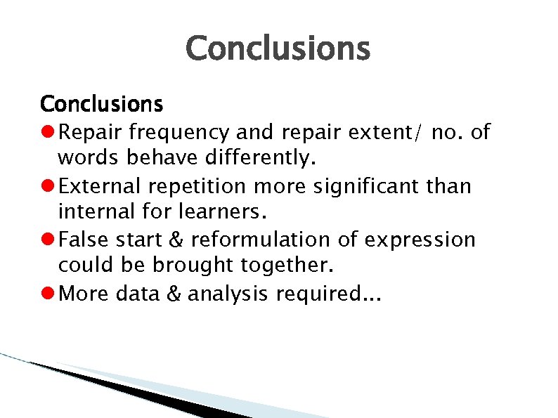 Conclusions Repair frequency and repair extent/ no. of words behave differently. External repetition more