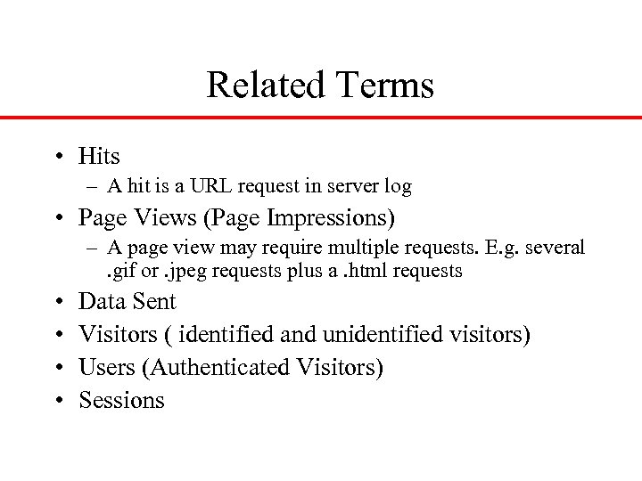 Related Terms • Hits – A hit is a URL request in server log