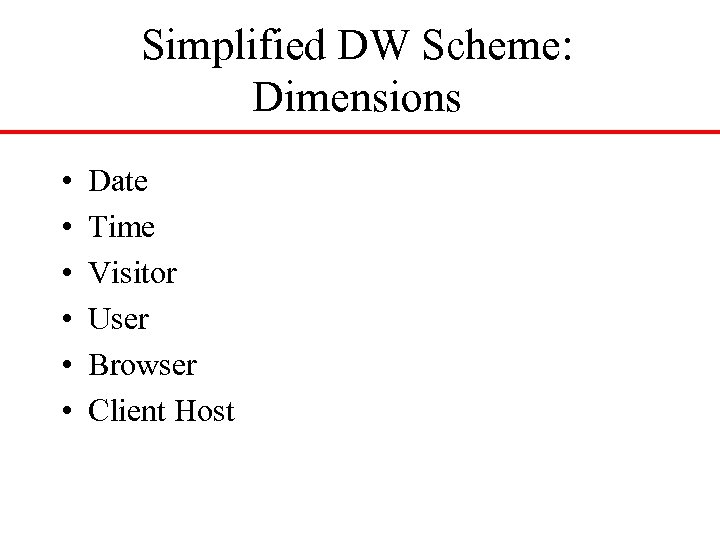 Simplified DW Scheme: Dimensions • • • Date Time Visitor User Browser Client Host