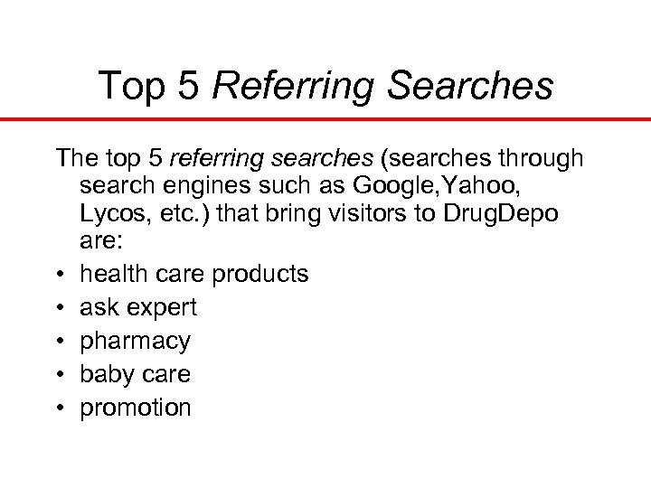 Top 5 Referring Searches The top 5 referring searches (searches through search engines such