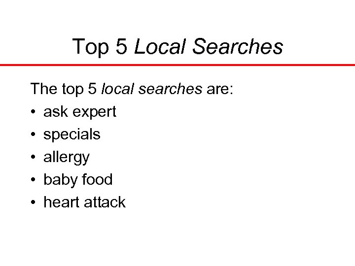 Top 5 Local Searches The top 5 local searches are: • ask expert •