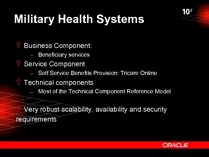 Military Health Systems Ÿ Business Component: – Beneficiary services Ÿ Service Component – Self