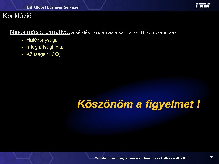IBM Global Business Services Konklúzió : Nincs más alternatíva, a kérdés csupán az alkalmazott