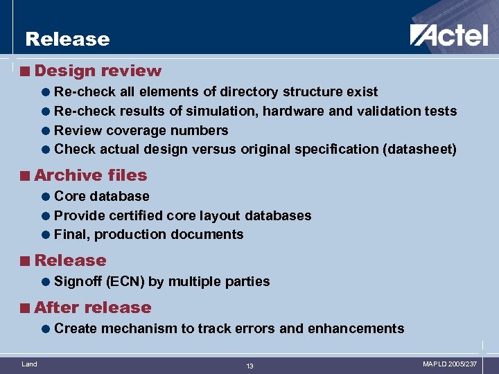 Release <Design review = Re-check all elements of directory structure exist = Re-check results