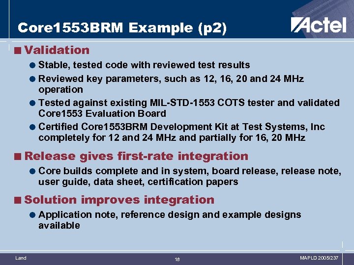 Core 1553 BRM Example (p 2) <Validation = Stable, tested code with reviewed test