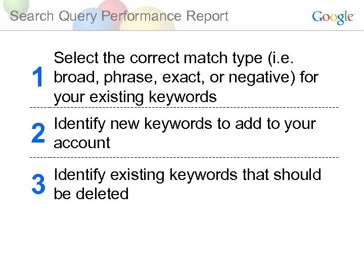 Search Query Performance Report 1 Select the correct match type (i. e. broad, phrase,
