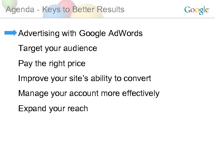 Agenda - Keys to Better Results Advertising with Google Ad. Words Target your audience