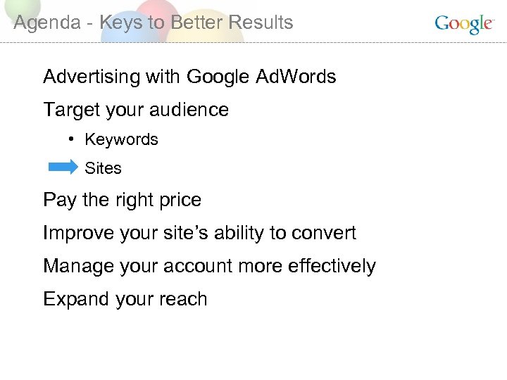 Agenda - Keys to Better Results Advertising with Google Ad. Words Target your audience