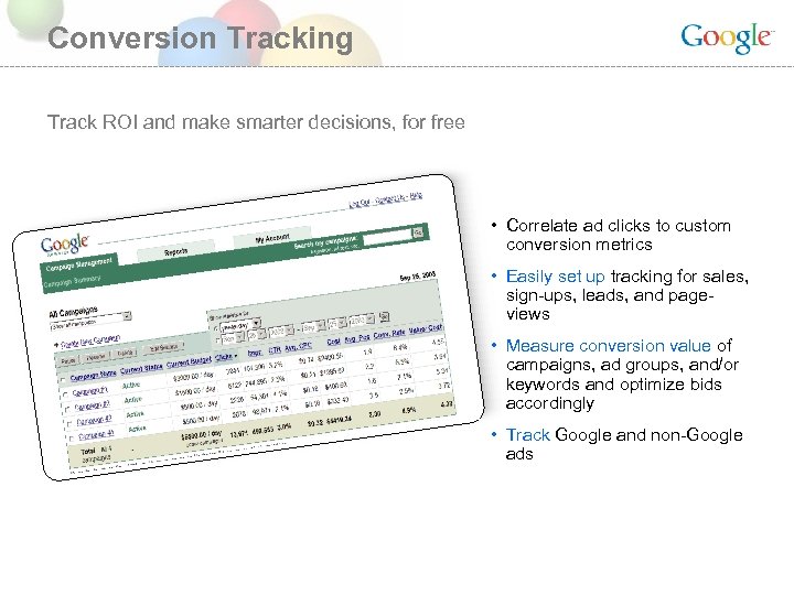 Conversion Tracking Track ROI and make smarter decisions, for free • Correlate ad clicks