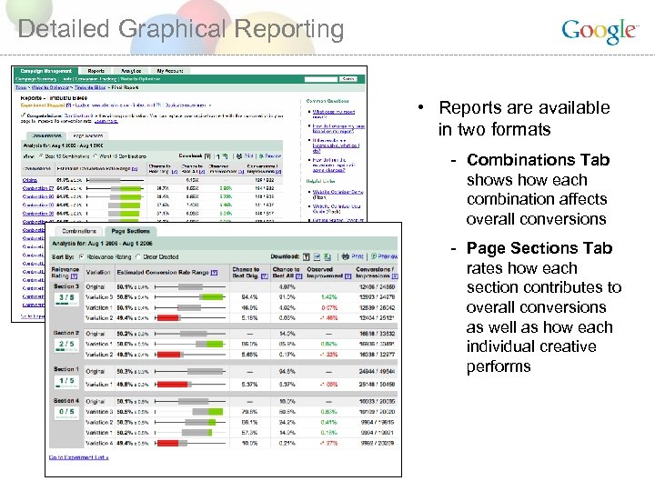 Detailed Graphical Reporting • Reports are available in two formats - Combinations Tab shows