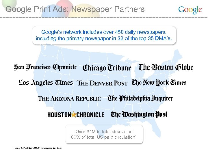 Google Print Ads: Newspaper Partners Google’s network includes over 450 daily newspapers, including the