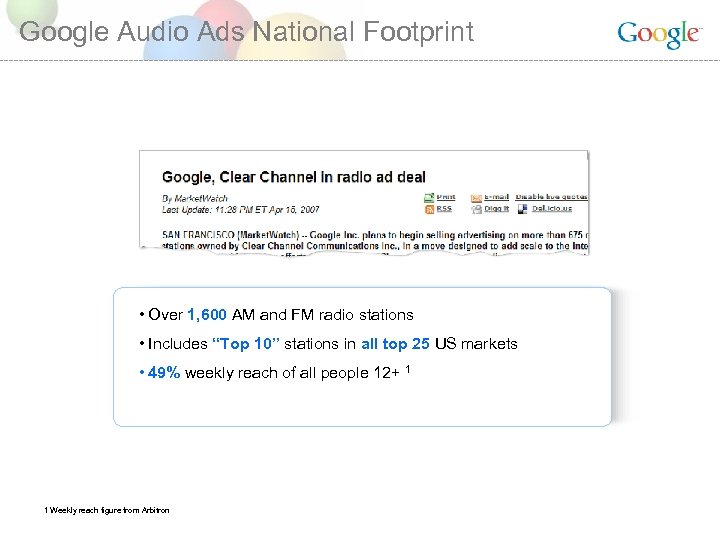 Google Audio Ads National Footprint • Over 1, 600 AM and FM radio stations