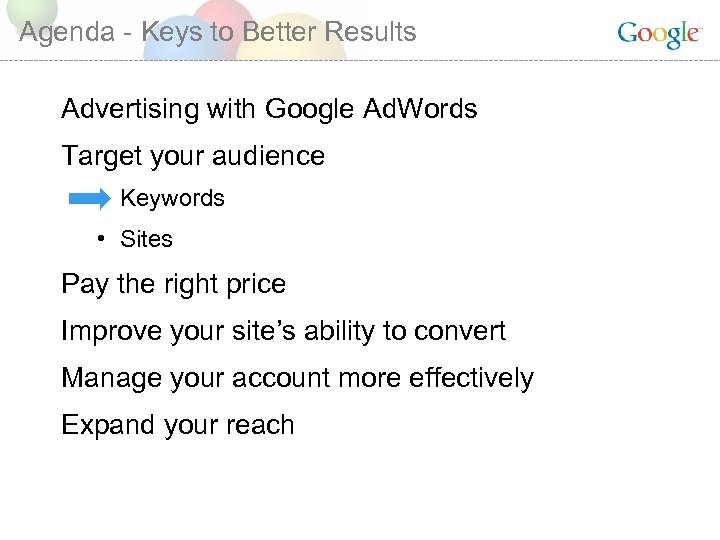 Agenda - Keys to Better Results Advertising with Google Ad. Words Target your audience