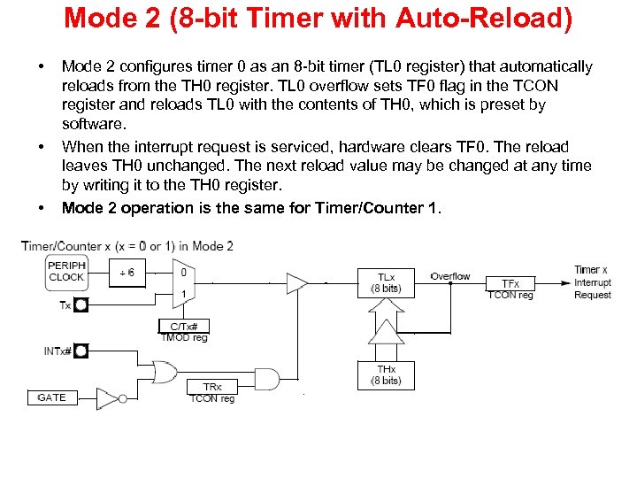 Mode 2 (8 -bit Timer with Auto-Reload) • • • Mode 2 configures timer