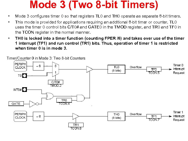 Mode 3 (Two 8 -bit Timers) • • • Mode 3 configures timer 0
