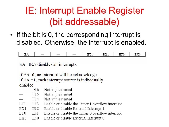 IE: Interrupt Enable Register (bit addressable) • If the bit is 0, the corresponding