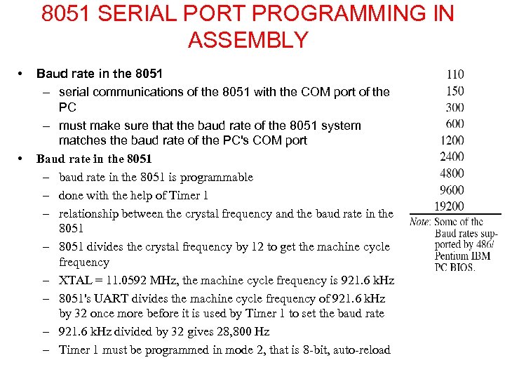 8051 SERIAL PORT PROGRAMMING IN ASSEMBLY • • Baud rate in the 8051 –