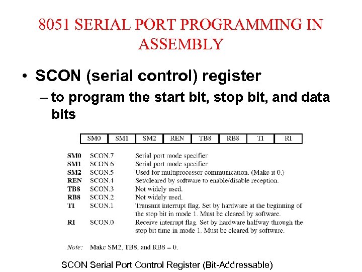 8051 SERIAL PORT PROGRAMMING IN ASSEMBLY • SCON (serial control) register – to program
