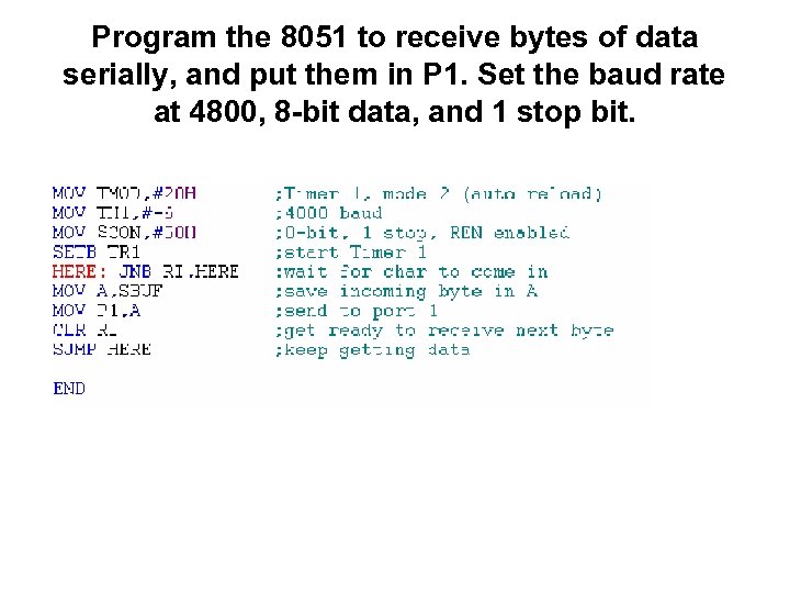 Program the 8051 to receive bytes of data serially, and put them in P