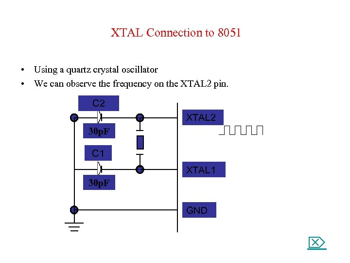 XTAL Connection to 8051 • Using a quartz crystal oscillator • We can observe