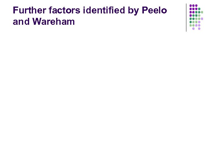 Further factors identified by Peelo and Wareham 