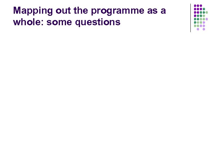 Mapping out the programme as a whole: some questions 
