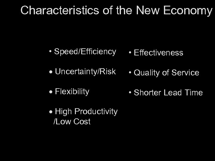 Characteristics of the New Economy • Speed/Efficiency • Effectiveness · Uncertainty/Risk • Quality of