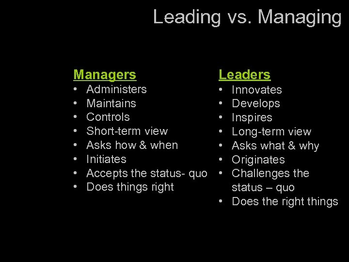 Leading vs. Managing Managers Leaders • • • • Administers Maintains Controls Short-term view