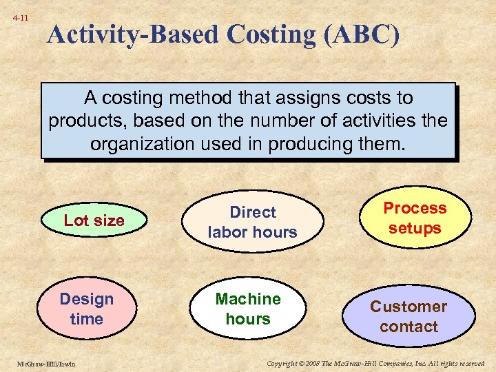 4 -11 Activity-Based Costing (ABC) A costing method that assigns costs to products, based