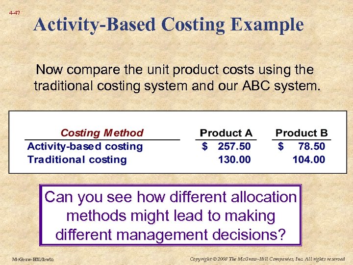 4 -47 Activity-Based Costing Example Now compare the unit product costs using the traditional