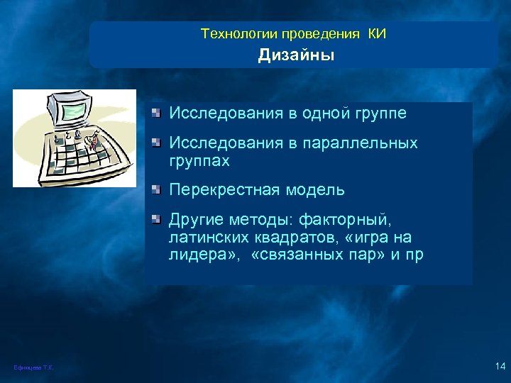 Технологии проведения КИ Дизайны Исследования в одной группе Исследования в параллельных группах Перекрестная модель