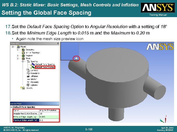WS B. 2: Static Mixer: Basic Settings, Mesh Controls and Inflation Setting the Global