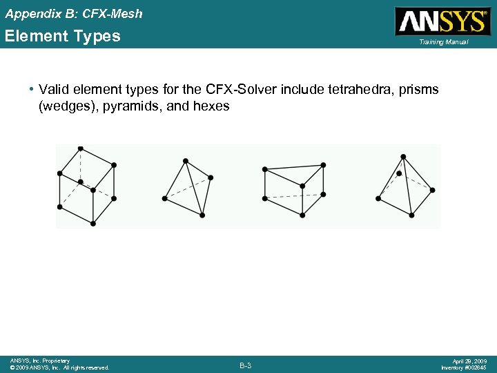 Appendix B: CFX-Mesh Element Types Training Manual • Valid element types for the CFX-Solver