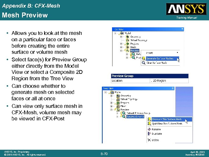 Appendix B: CFX-Mesh Preview Training Manual • Allows you to look at the mesh