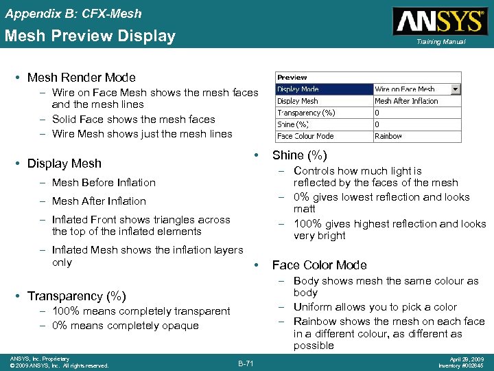 Appendix B: CFX-Mesh Preview Display Training Manual • Mesh Render Mode – Wire on